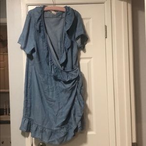 Asos Curve Chambray Ruffle Mini Wrap Dress